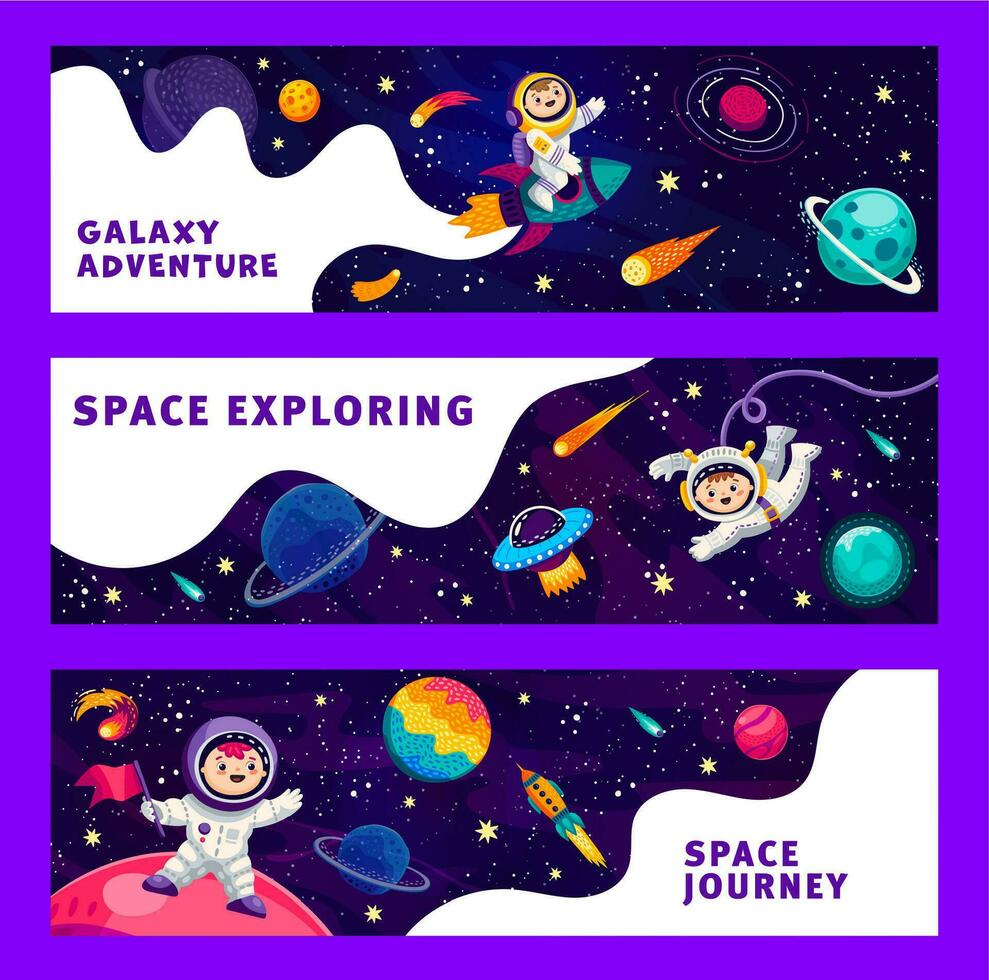 Cartoon space banners. Funny astronauts and space vector