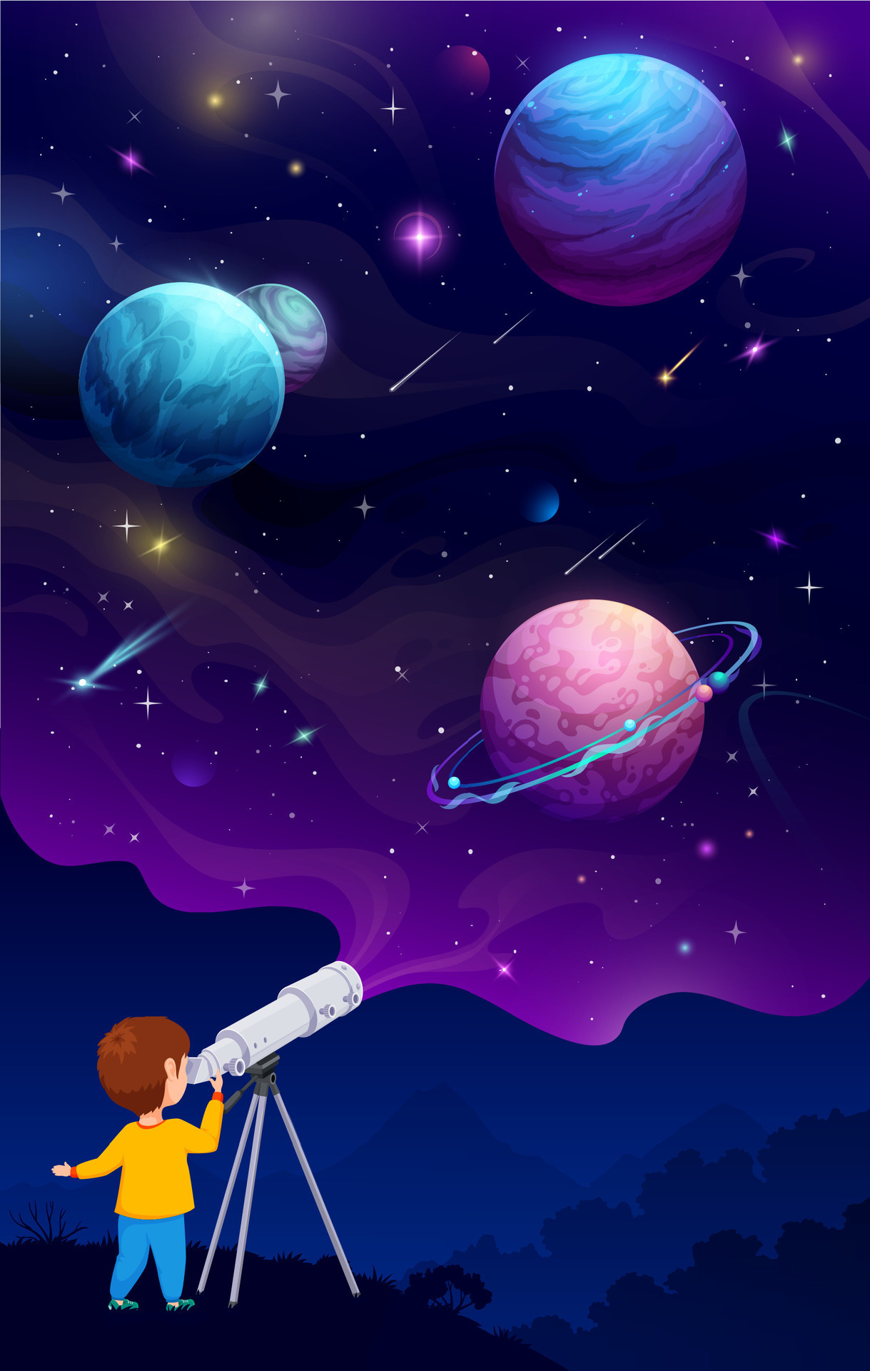 Child with telescope looking on planets in space 25435417 vector art at