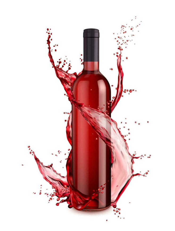 Red wine bottle and swirl splash, isolated vector