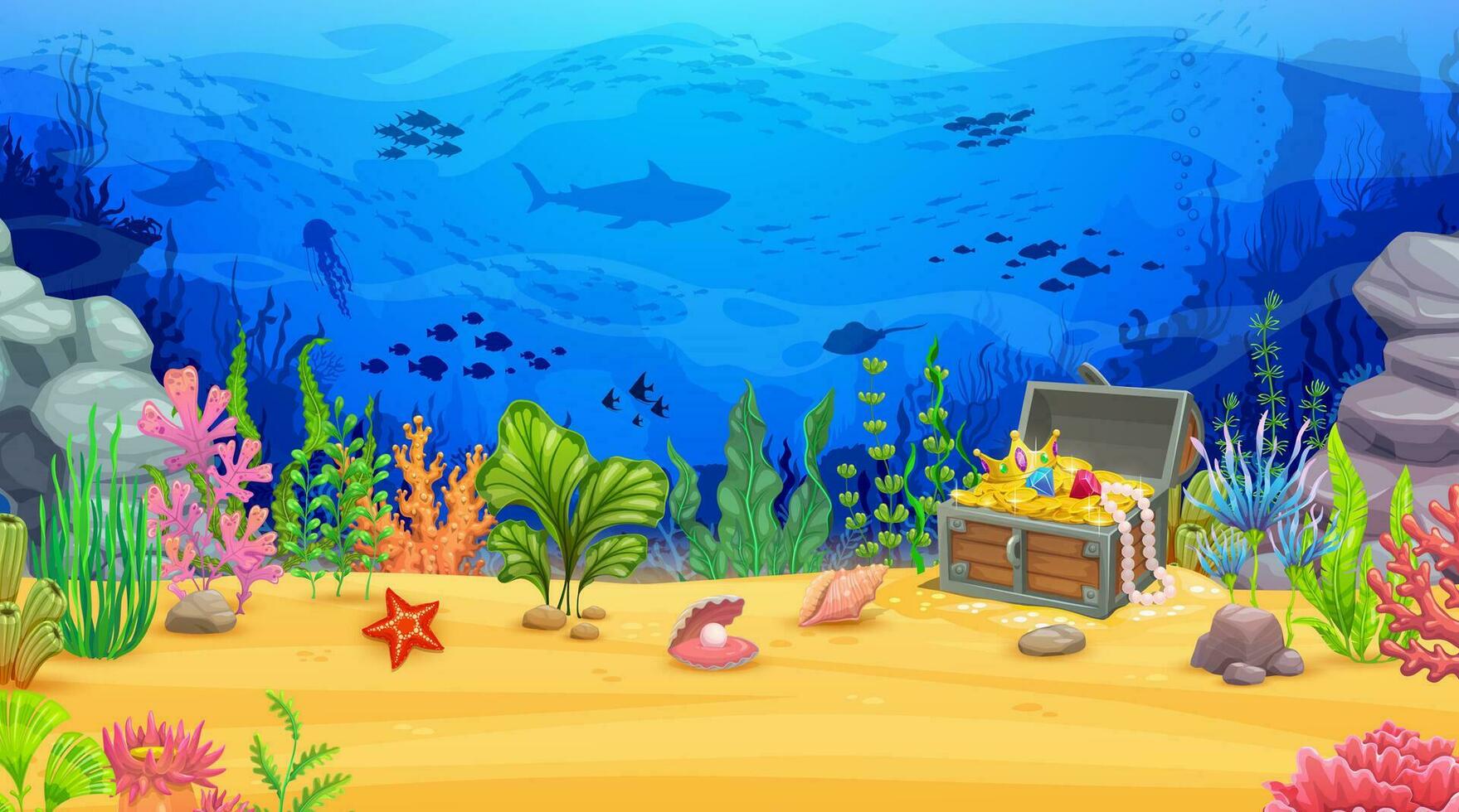 Cartoon sea underwater landscape, treasure chest vector