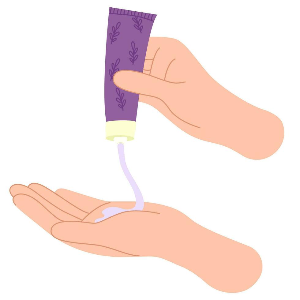Hand holding hand cream . Hand squeezes cream on hand. Skin care routine. vector