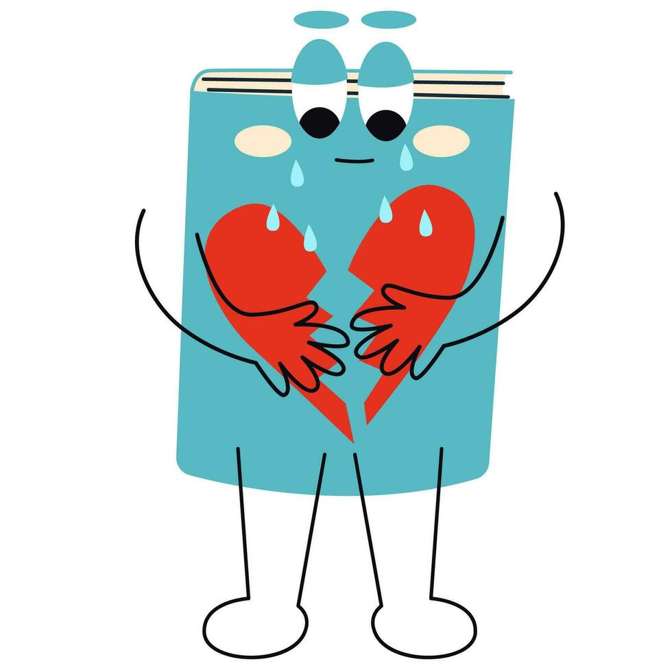 Book are crying with the broken heart. Vector flat cartoon character illustration icon design.