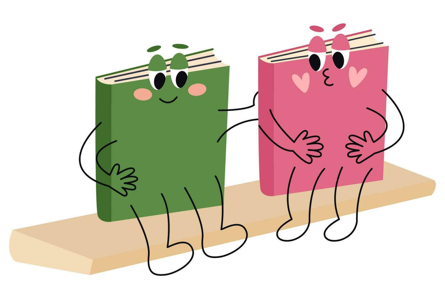 Books are sitting on a shelf and hugging. Vector flat cartoon character illustration icon design.