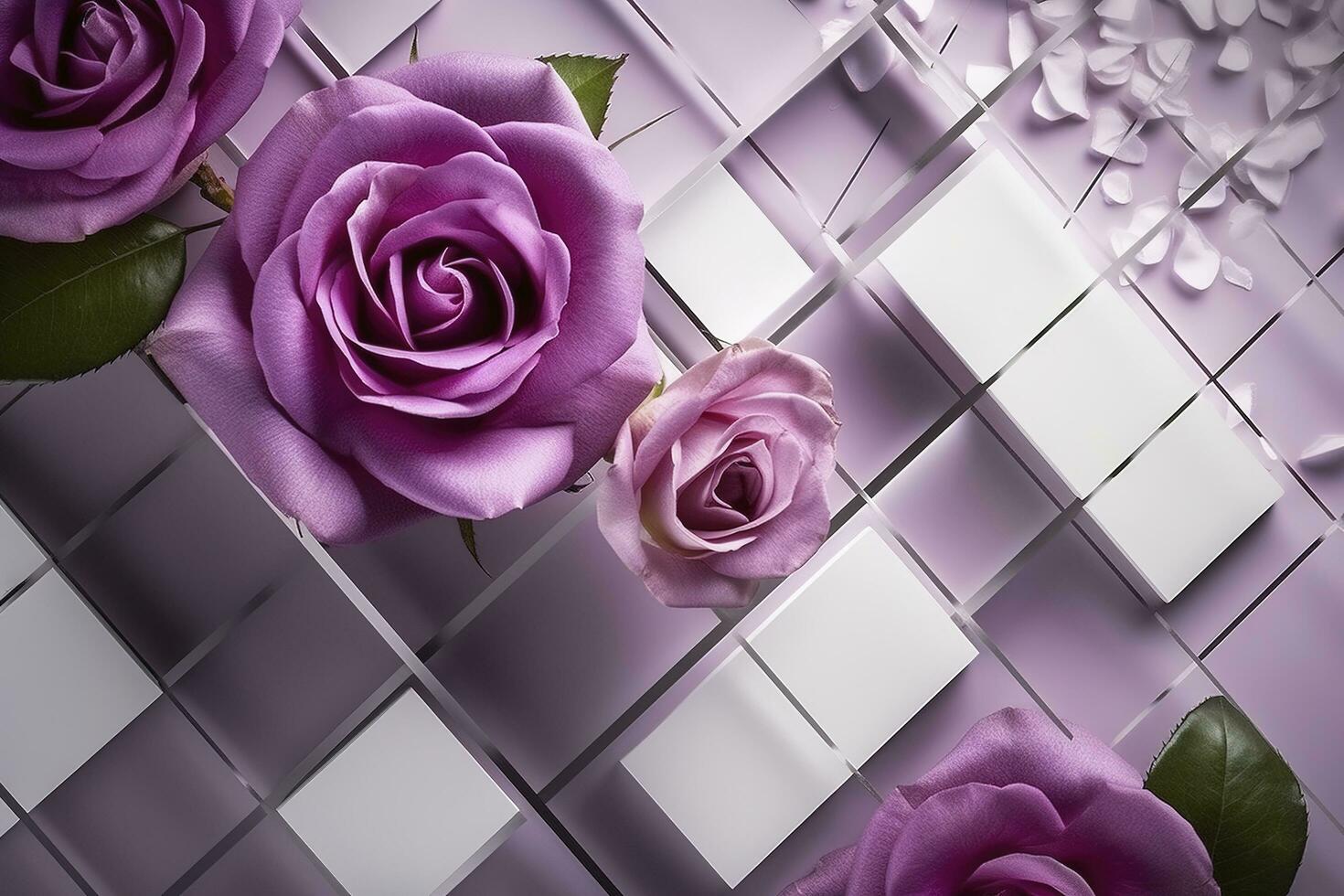 3d Mural modern wallpaper. purple rose flowers with Squares and decorative background . modern art for wall home decor, generate ai photo