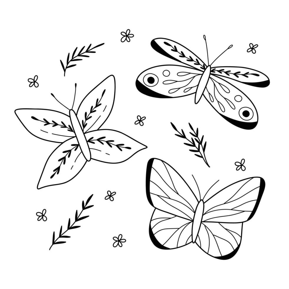 mariposas en garabatear estilo con hojas y flores vector ilustración. lineal impresión con mariposas