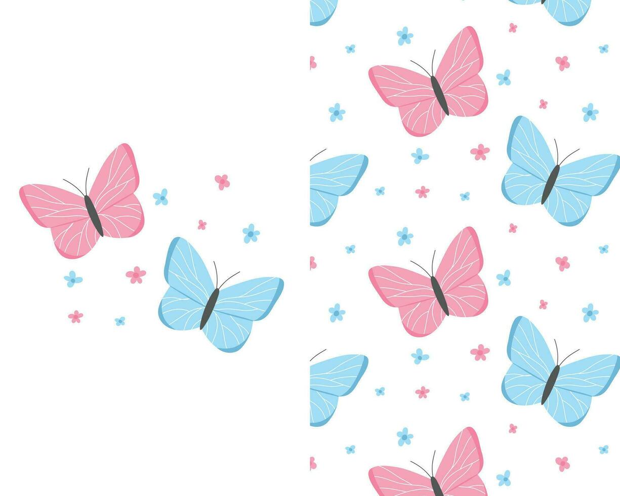 Kids set of prints with butterflies. Cute print with butterflies and flowers and butterflies seamless pattern. Vector illustration. Hand drawn childish cute prints.