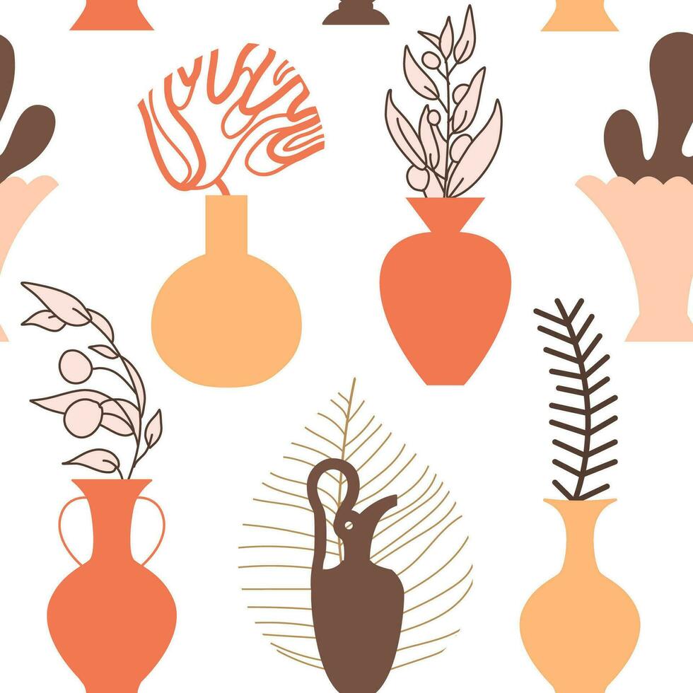 Seamless pattern with ancient pottery art. Ancient Greek clay elements, vases, amphoras, flowers, branches, leaves. Modern background. Decor, textile, wrapping paper, wallpaper print. White background vector