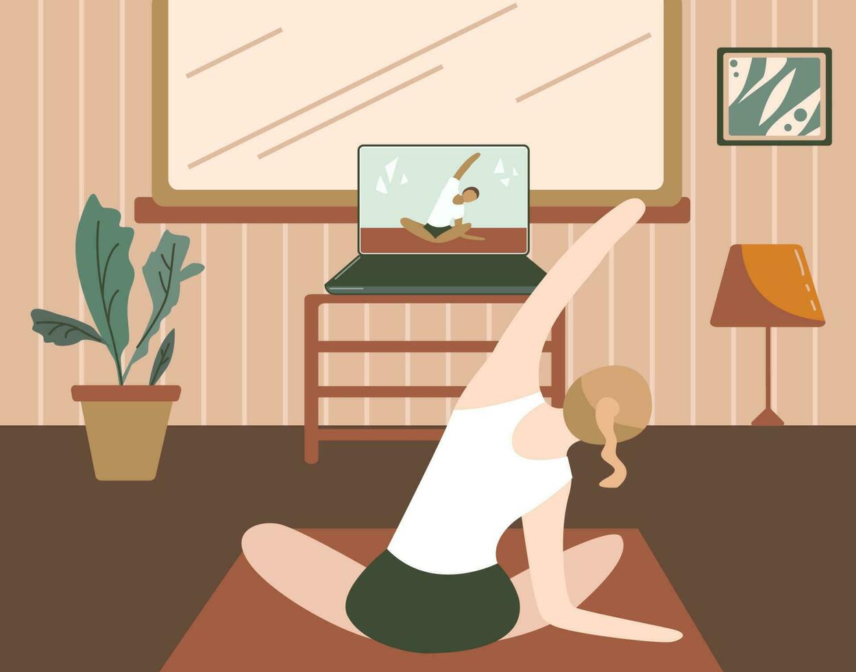 Girl exercising at home and watching online tutorials on laptop. Modern illustration of a woman doing yoga in the living room. Pilates online class, course, quarantine. Illustration for web platform vector