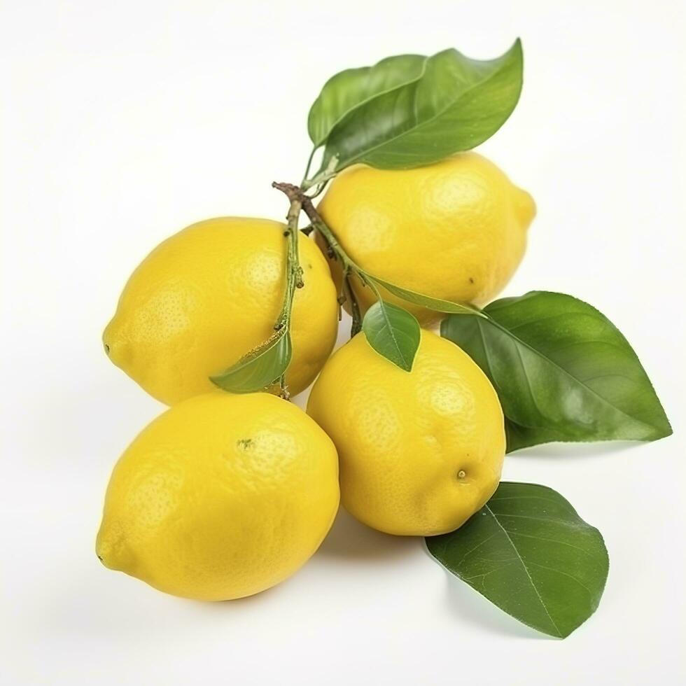 Branch of juicy lemons with leaves isolated on white background, generate ai photo