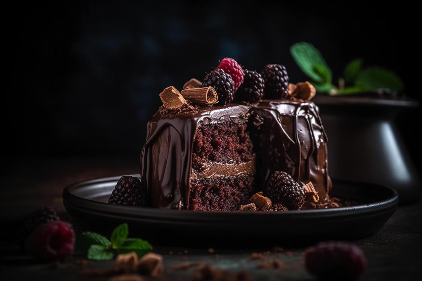 Tasty homemade dark chocolate cake with dark background. photo