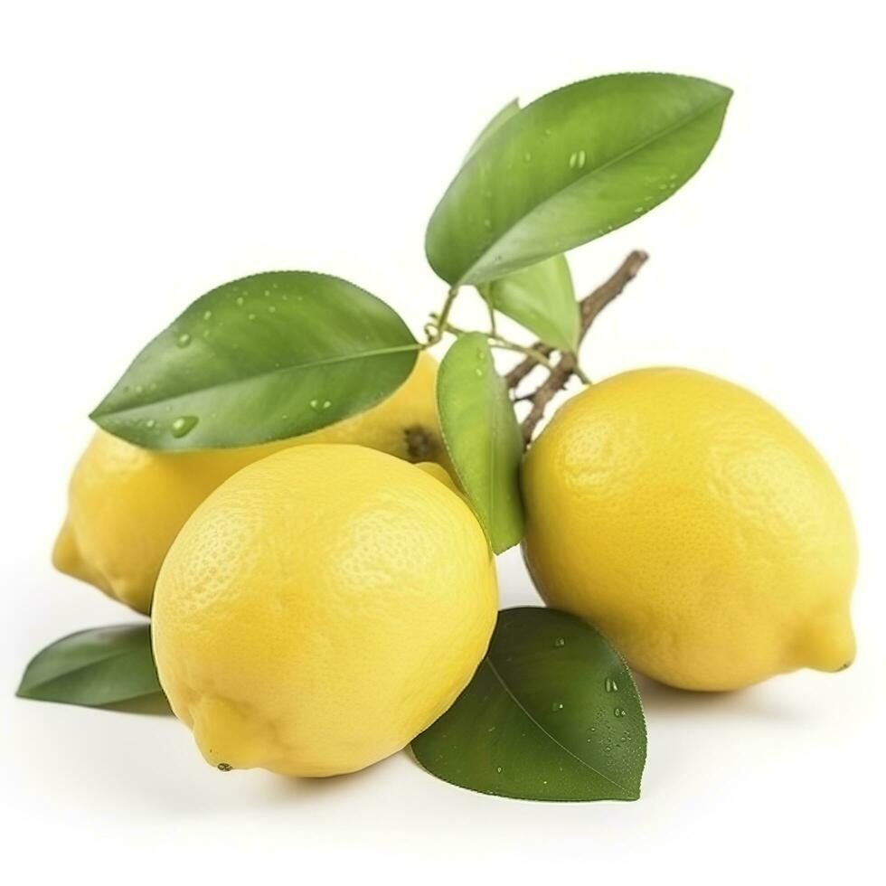 Branch of juicy lemons with leaves isolated on white background, generate ai photo