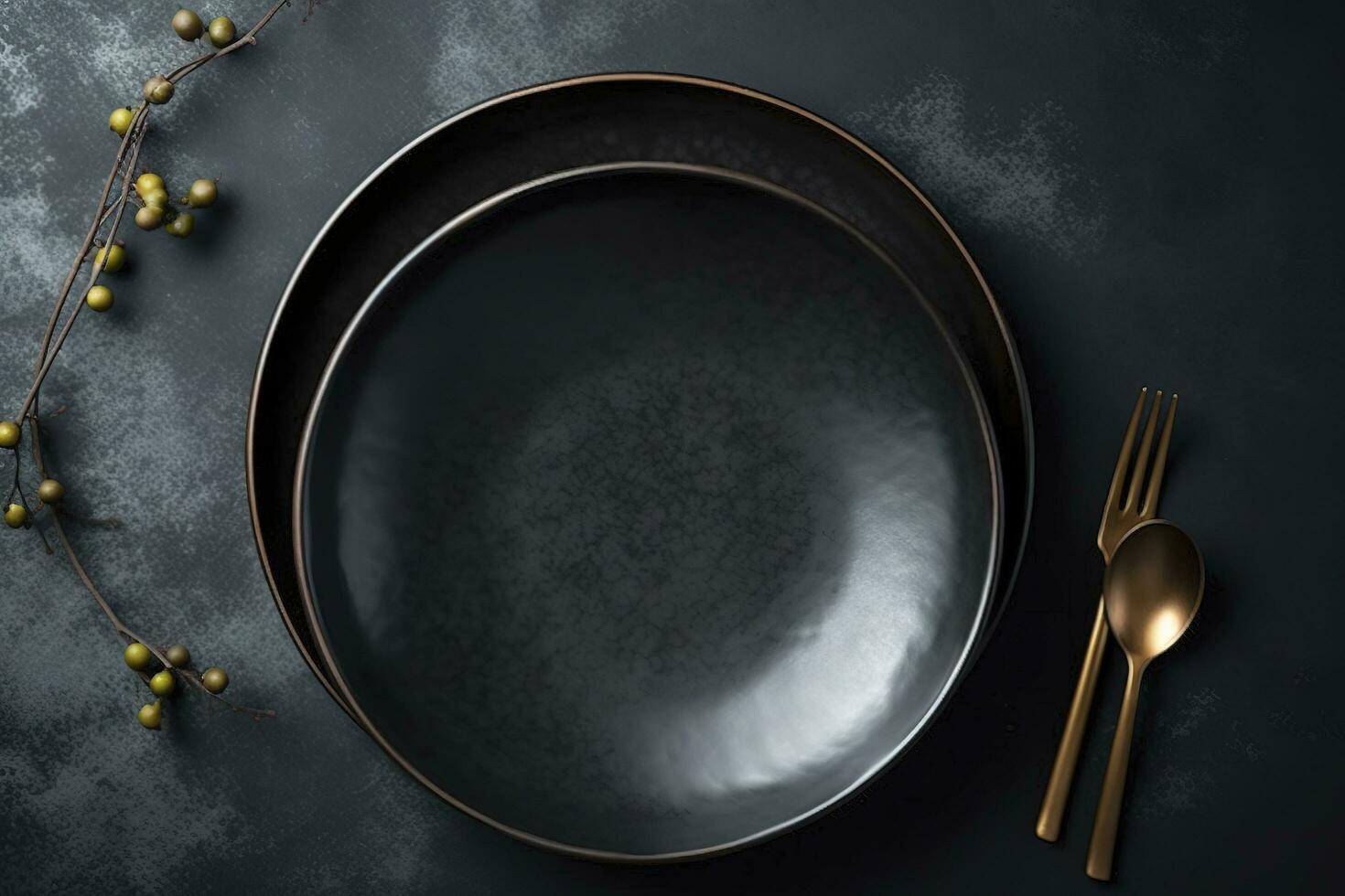 Black craft plate on dark stone table. Top view, copy space, Table setting. background for menu, layout, place for text , recipe background, food flat lay background, generate ai photo