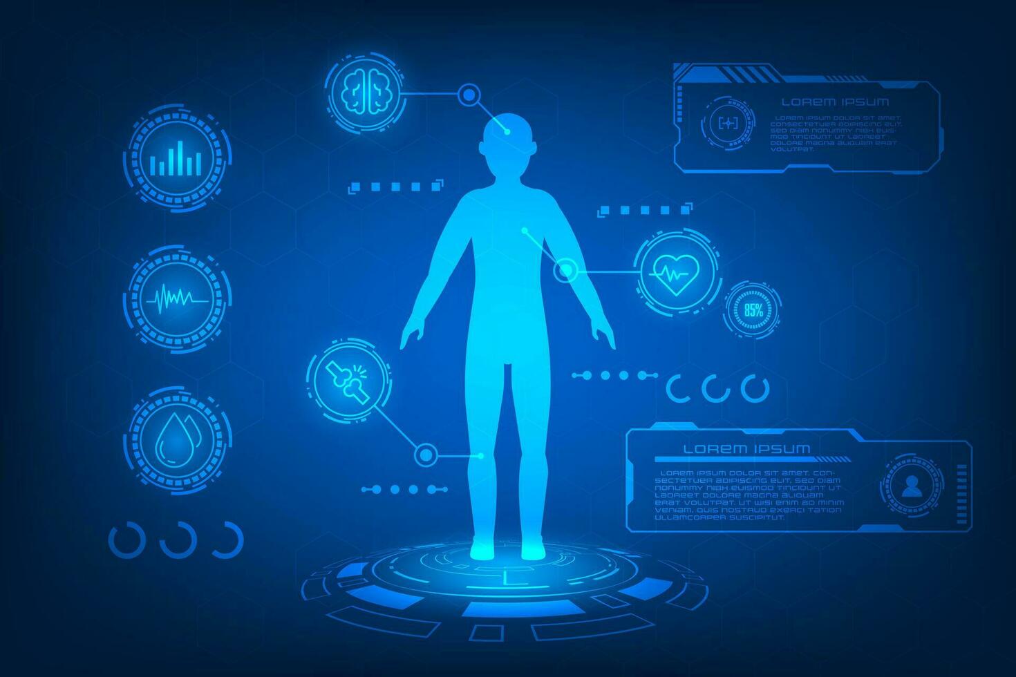 Vector medical science concept. Technology graphic human hologram of MRI scan interface.