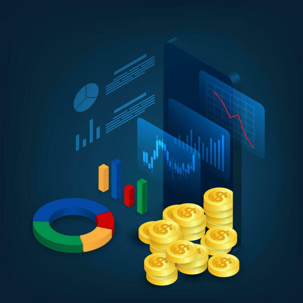 Vector finance and trading online concept. Mobilephone and graph hologram isometric.