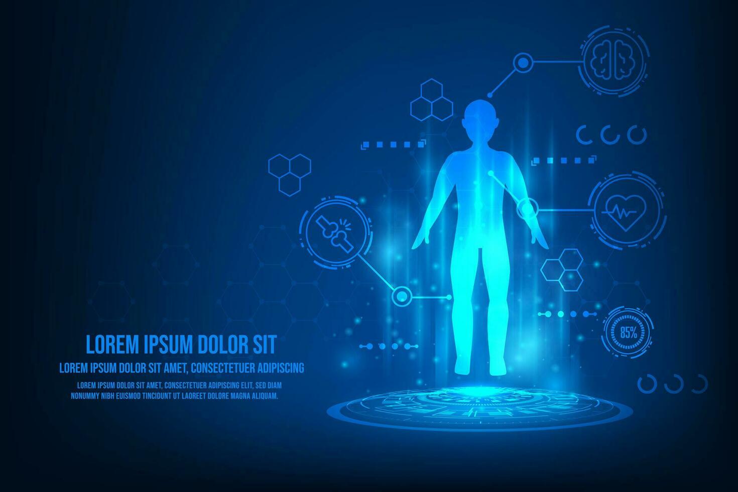vector humen holograma con médico cuidado de la salud. tecnología gráfico de mri escanear interfaz. holograma humen cerebro.