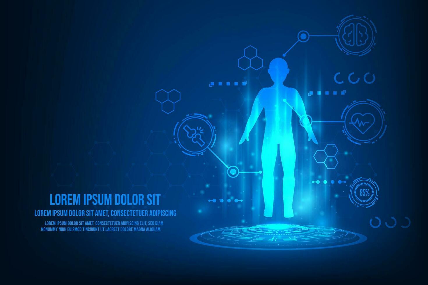 Vector humen hologram with medical healthcare. Technology graphic of MRI scan interface. Hologram humen brain.