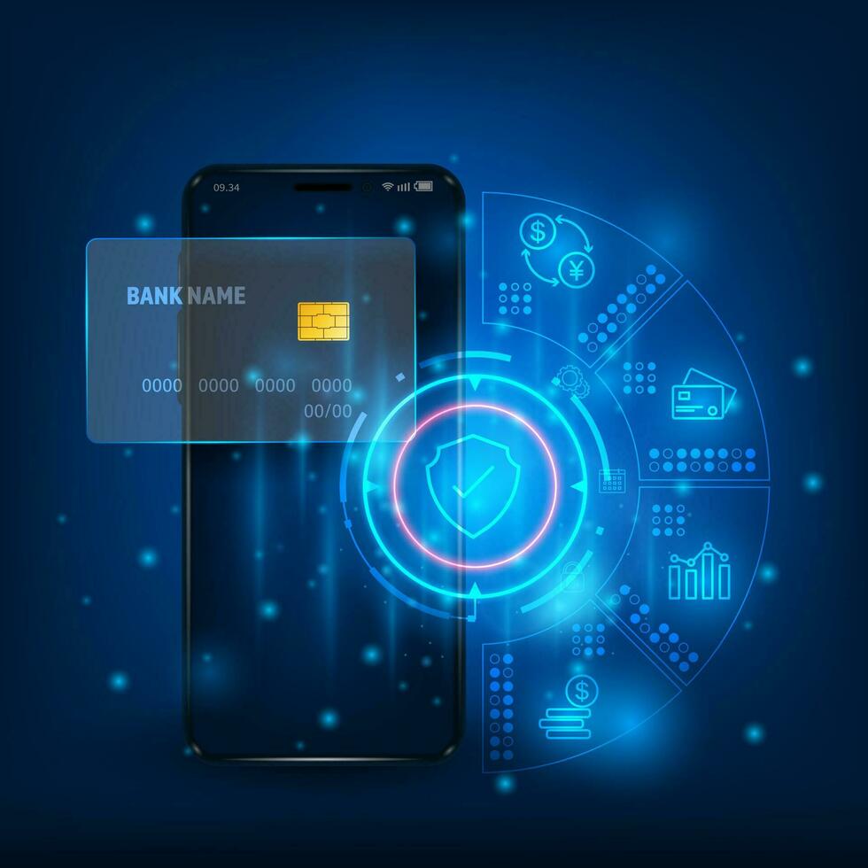 Vector technology security online payment and e wallet concept. Online banking app. Payment by credit card.