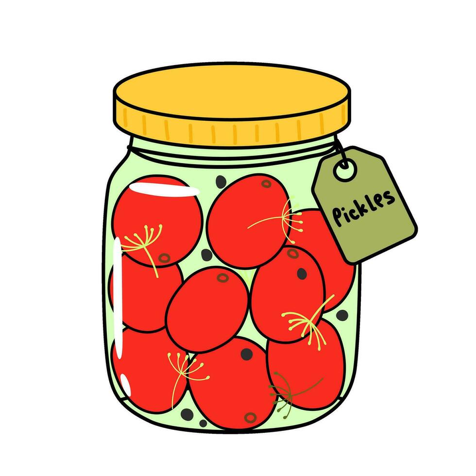 pepinillos. Enlatado vegetales. tomates en frascos con especias ilustración de productos de preparativos para el invierno. vector