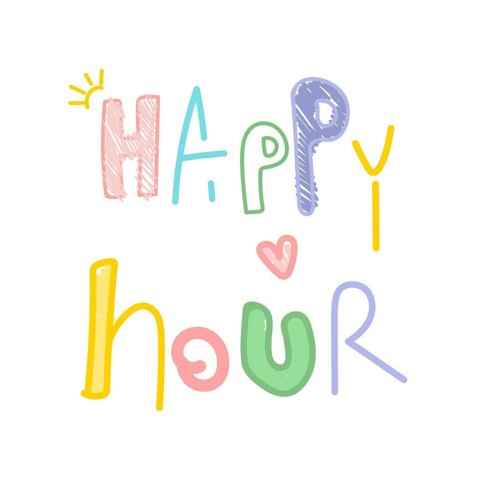 hand drawn doodle Happy hour typography font image, vector