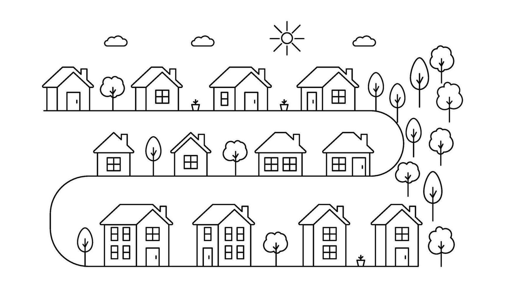 Houses with forest in village or cityscape, line art. Landscape and residential building. Exterior home in country landscape. Vector outline illustration