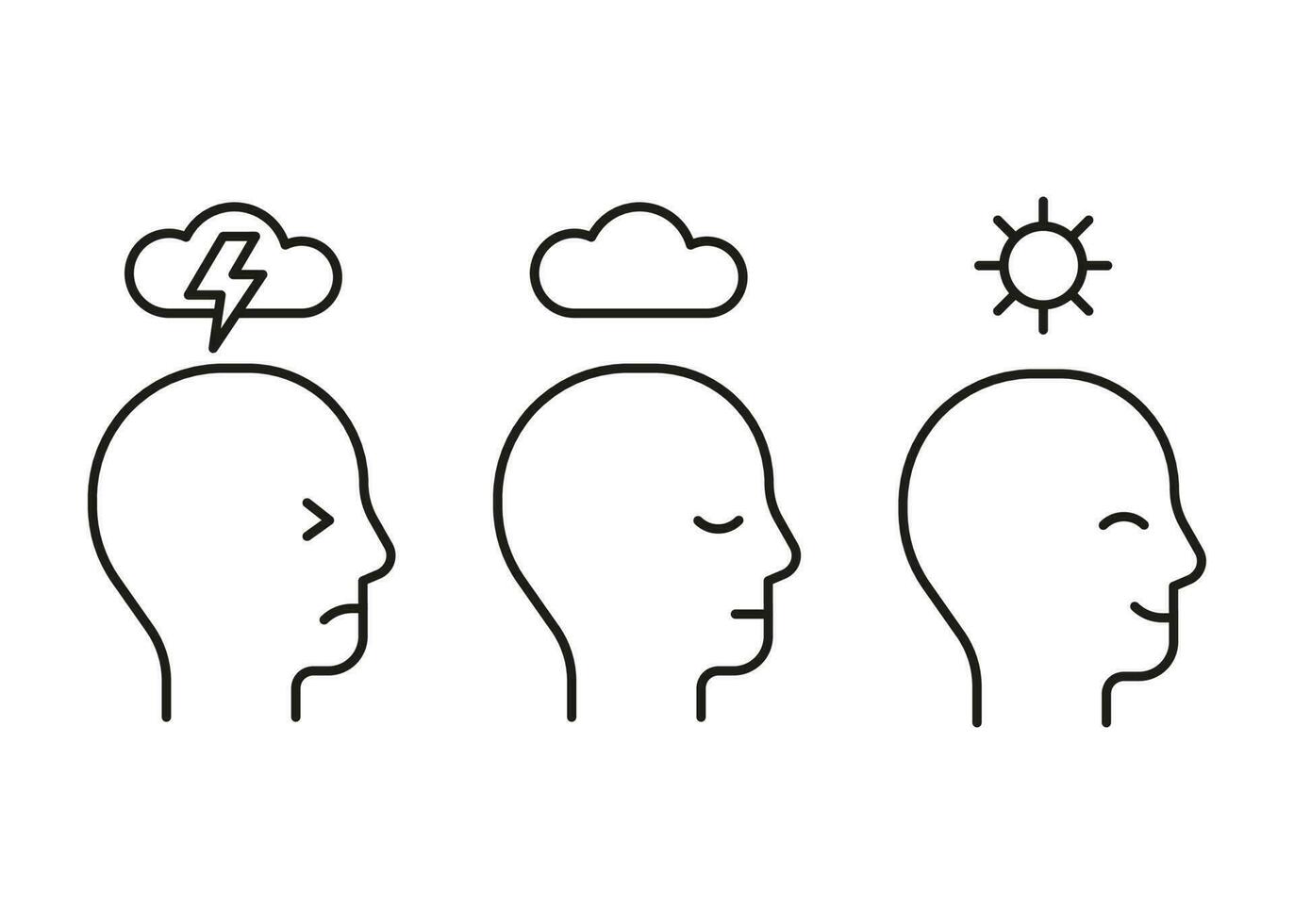 Mental health line icon. Head profile with stress, calm and positive mood. Face with storm, cloud and clear sky, sun. Control of mind, psychology. Vector