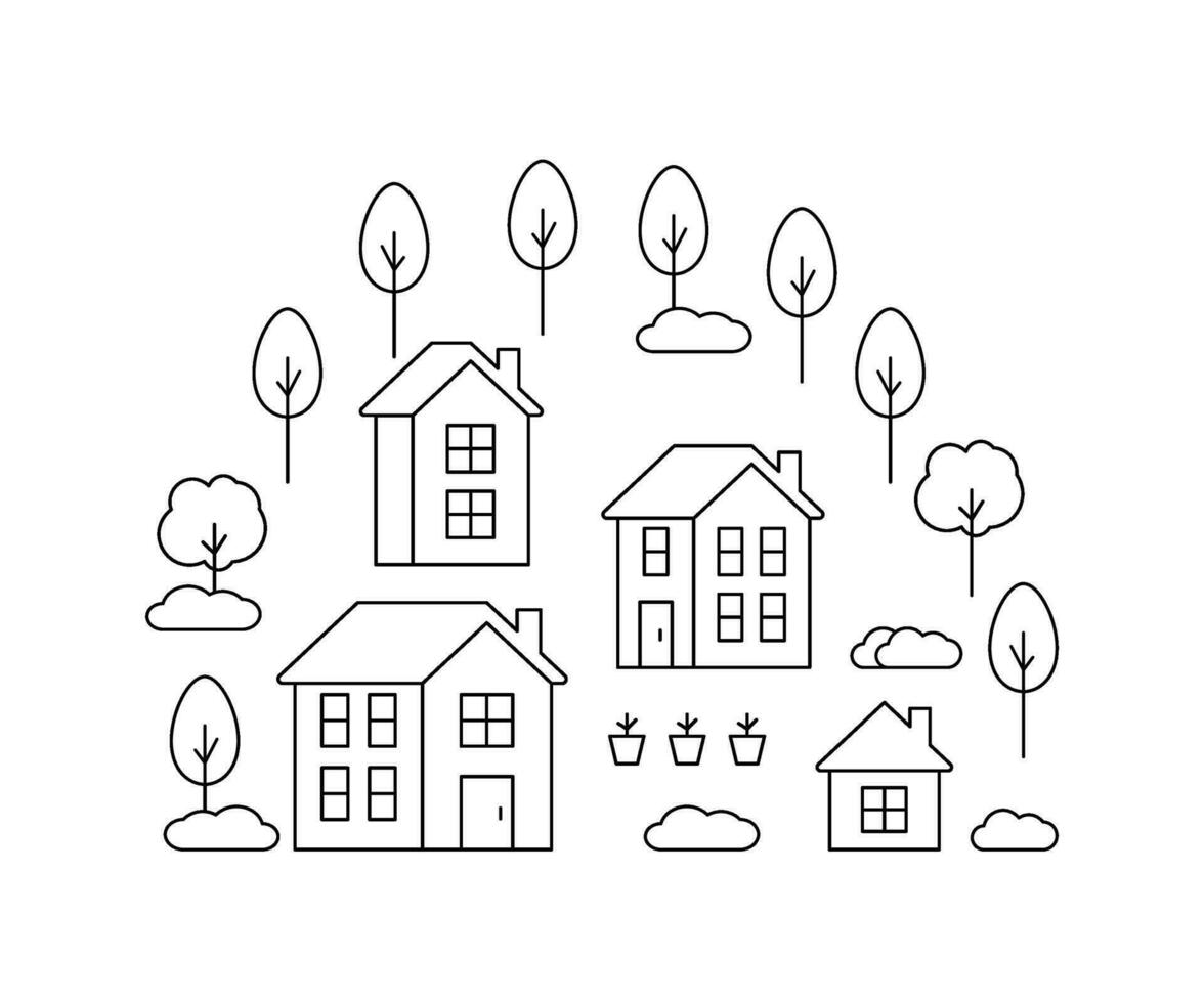 Houses with trees in village or cityscape, line art. Landscape and residential building. Exterior home in country landscape. Vector outline illustration