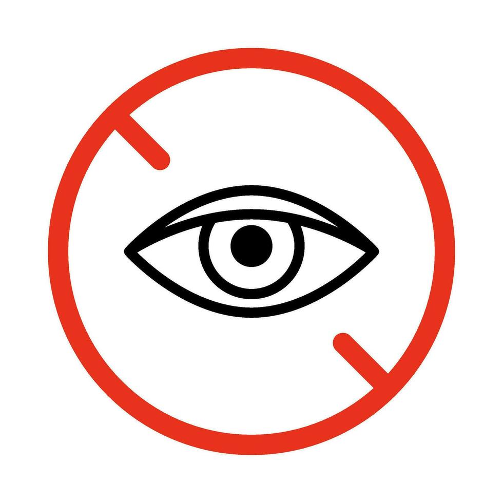 Dont watch symbol, vision prohibition, line icon. Limit look sign. Eye no. Danger to watch. Icon of eye in red restriction circle. Vector illustration