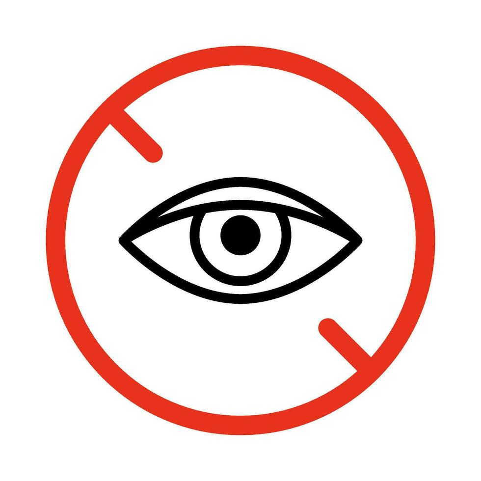 Dont watch symbol, vision prohibition, line icon. Limit look sign. Eye no. Danger to watch. Icon of eye in red restriction circle. Vector illustration