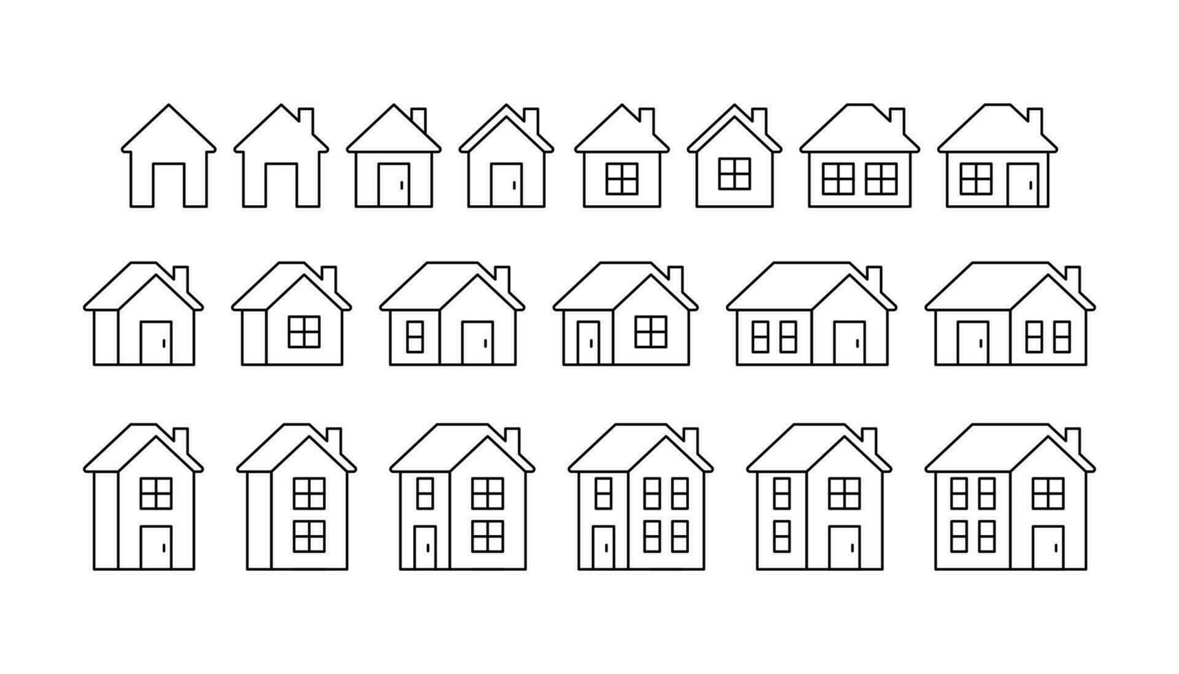 Home, house single and double floor building, line icon set. House front view, property, real estate, residential cottage for mortgage and loan, homepage. Editable Stroke outline sign. Vector