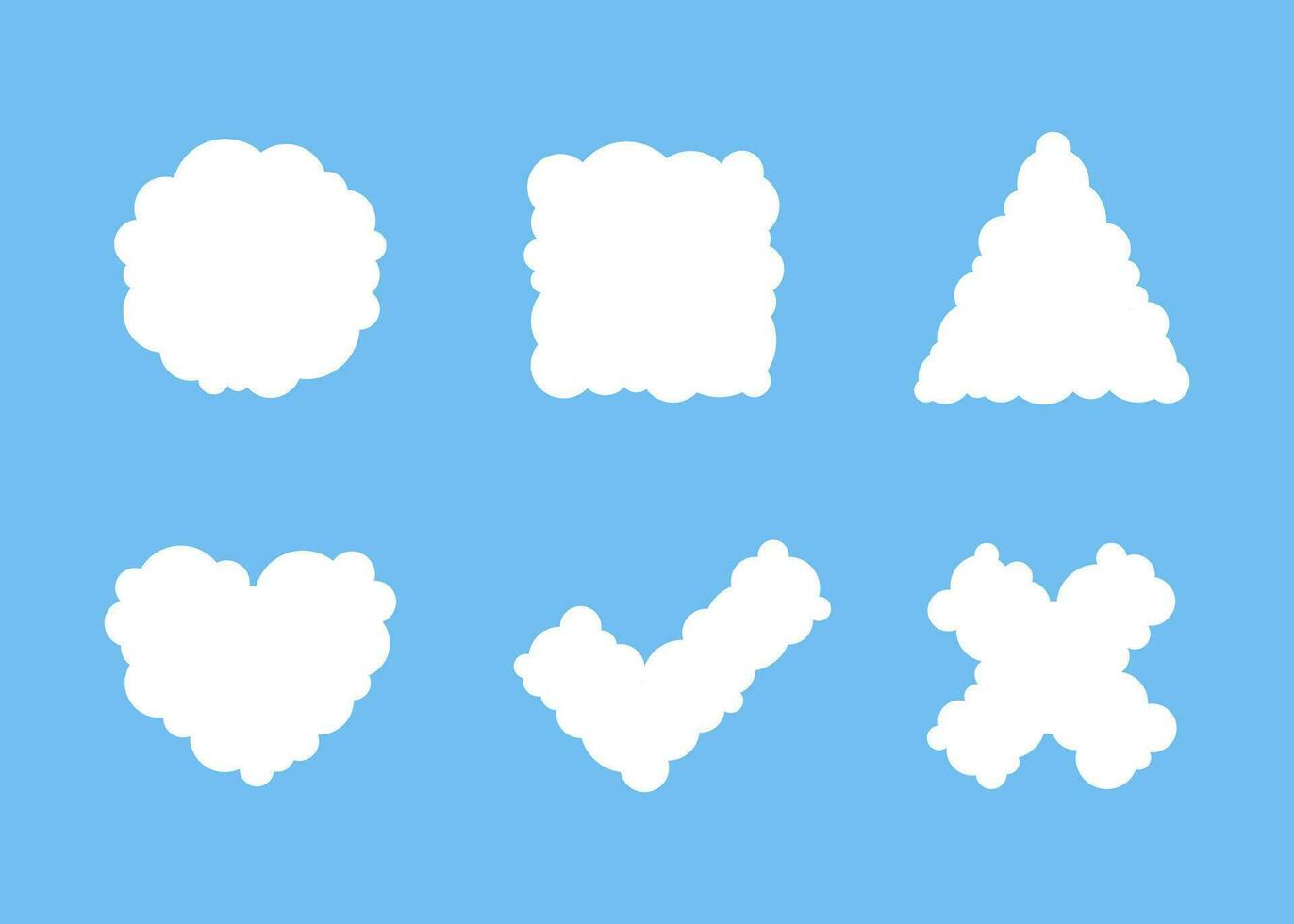 White cloud different shape on blue sky set. Simple flat style of different clouds. Graphic element collection for web and print. Vector illustration