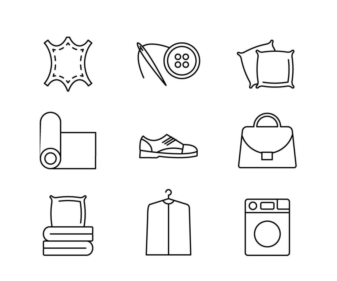 Service of professional cleaning and laundry, line icon set. Washing textile and cloth, sewing, repair clothing. Vector sign illustration
