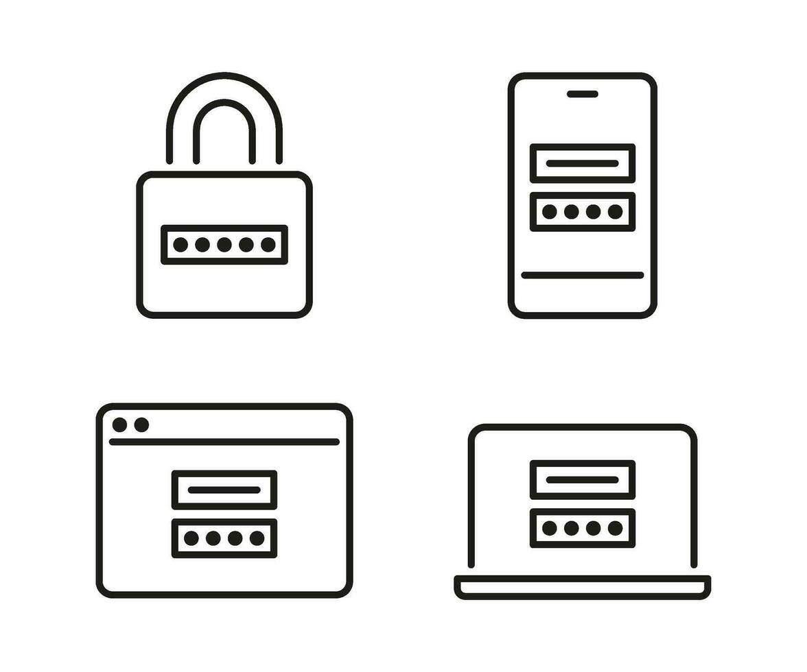 Security password, device lock technology, line icons set. Personal code on lock, smartphone, computer, account on site. Authorization security, secure key. Editable stroke. Vector sign