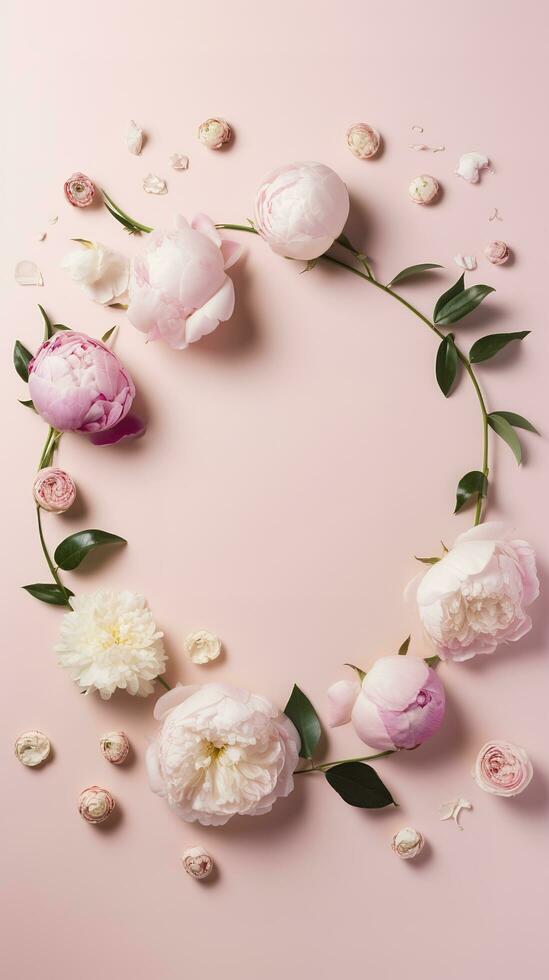 Mother's Day concept. Top view vertical photo of white empty circle fresh peony roses and sprinkles on isolated light pink background with blank space, generate ai