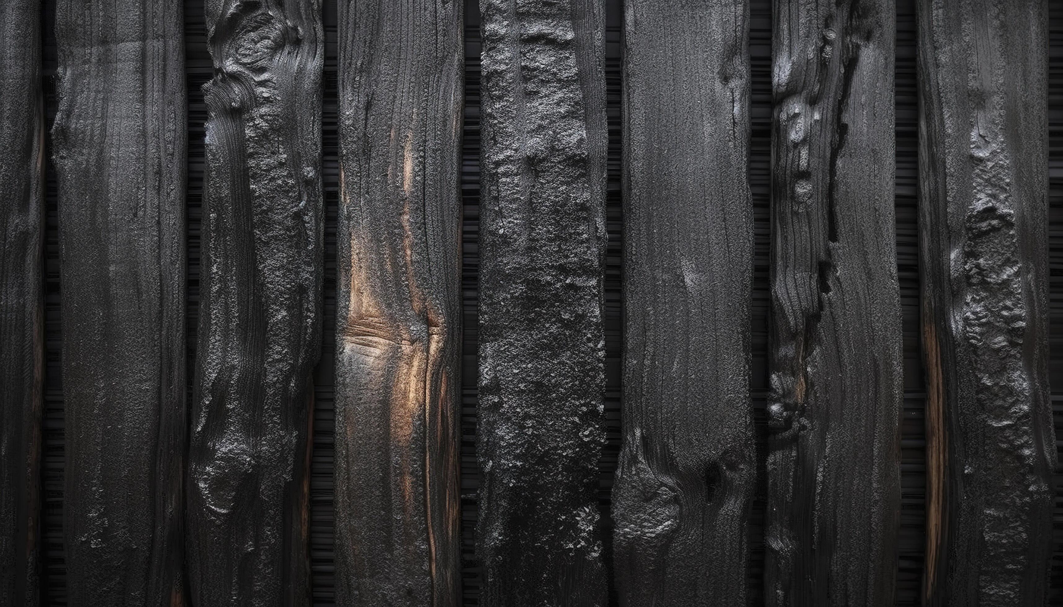 Burnt wood background texture. Burnt wooden boards closeup. ShoSugi