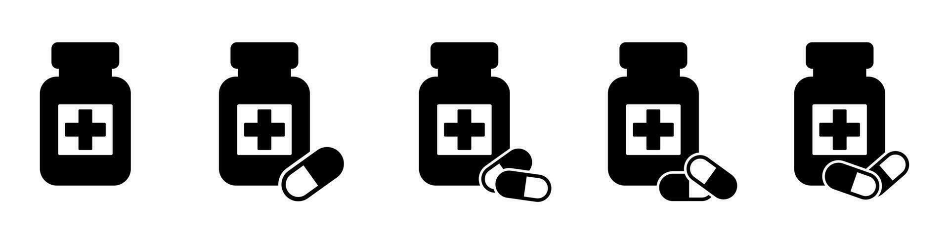 Medicine bottle and pills icon. Black and white icon. Vector illustration.