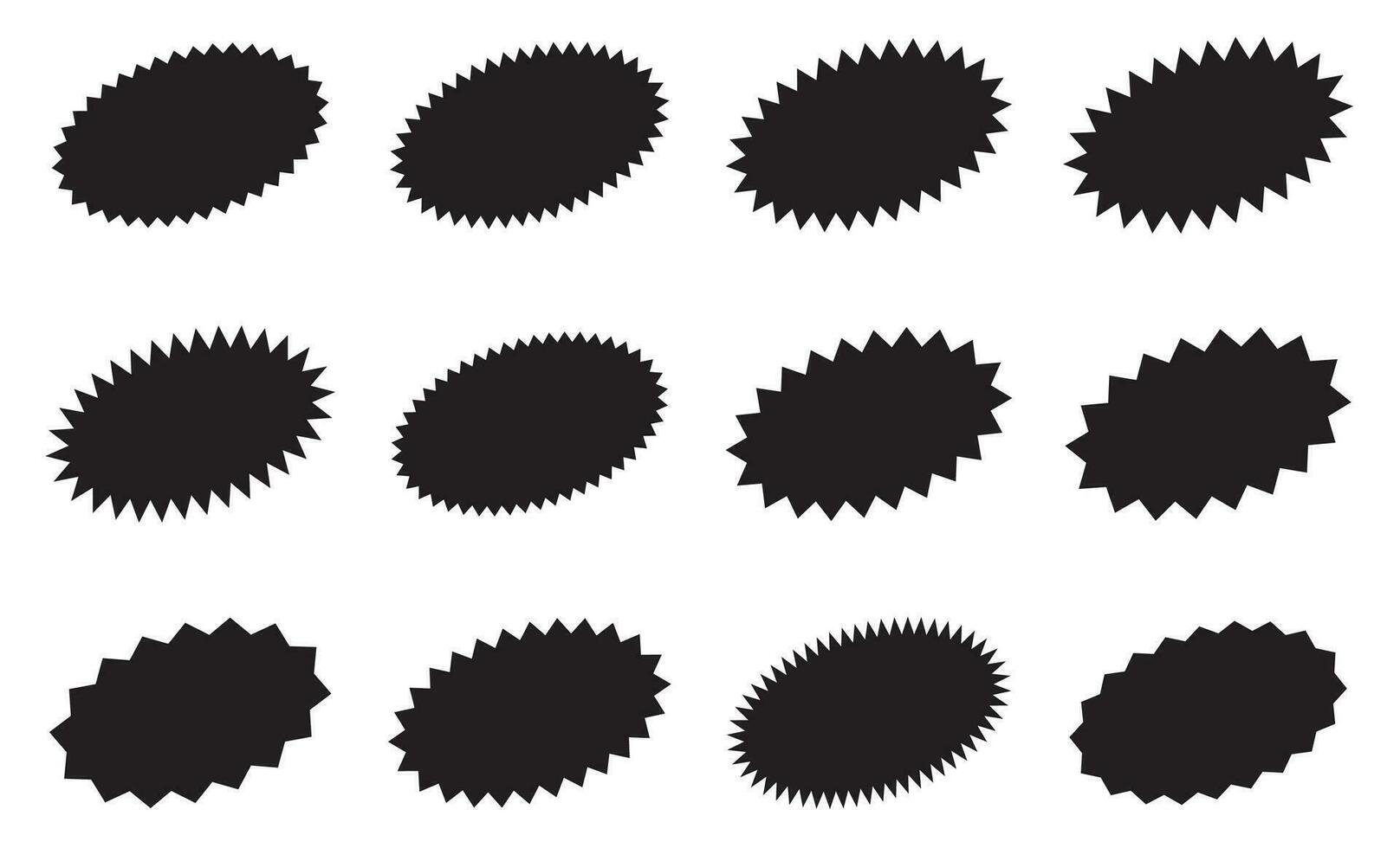 Oval starburst stickers. Black sunburst badges, isolated star price labels set. vector