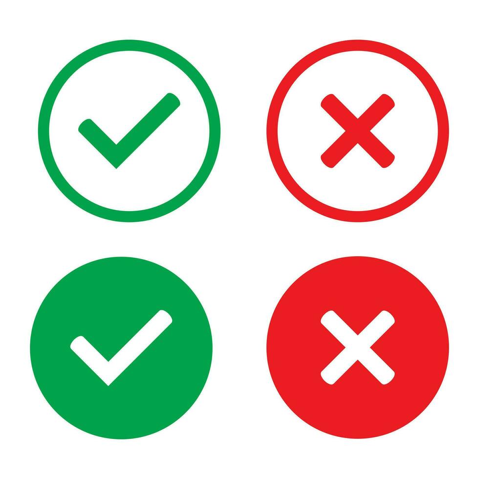 Green tick and red cross checkmarks in circle flat icons. Yes or no line symbol, approved or rejected icon for user interface. vector