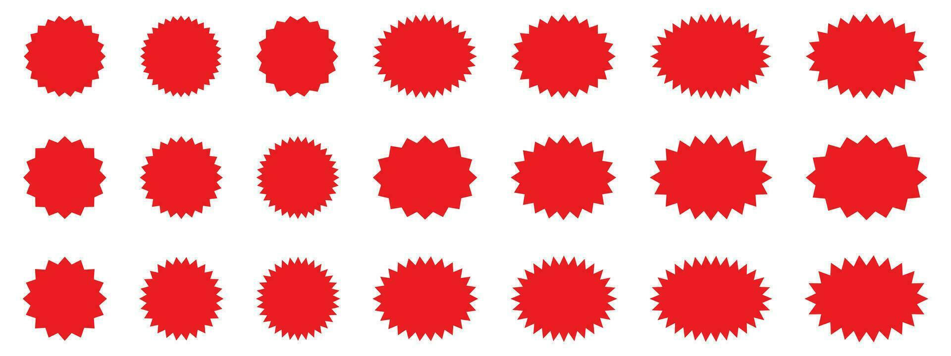 Starburst red sticker set - collection of special offer sale round and oval sunburst labels and buttons isolated on white background. Stickers and badges with star edges for promo advertising. vector