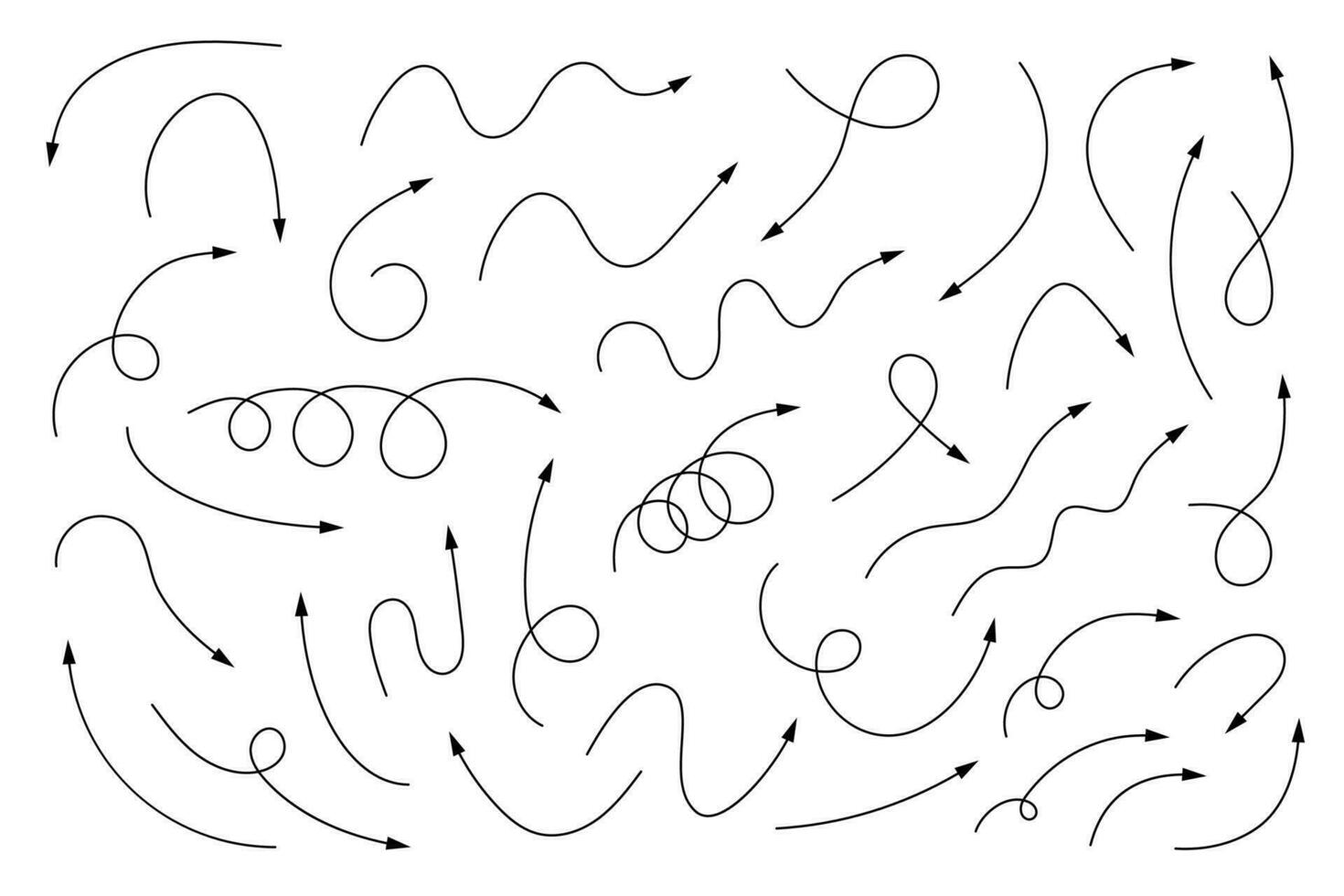 Curved arrows. Set of vector hand drawn arrows. Collection of pointers.