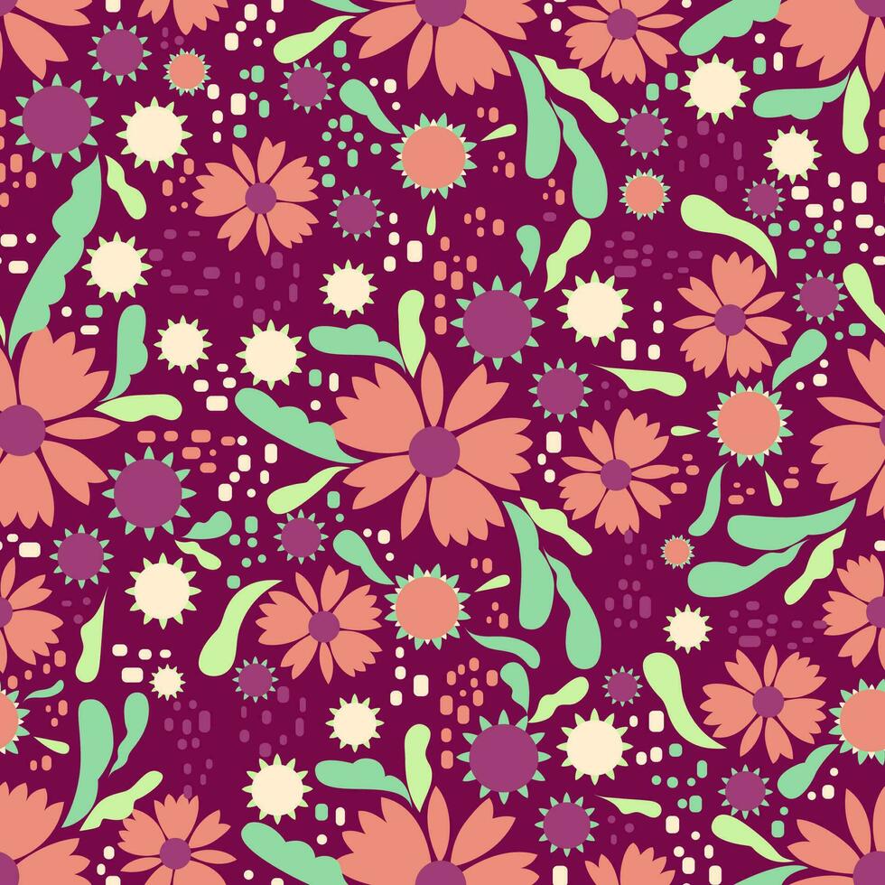 Seamless bright summer floral vector pattern. Surface design with small plants - flowers, leaves, buds isolated on a purple background.