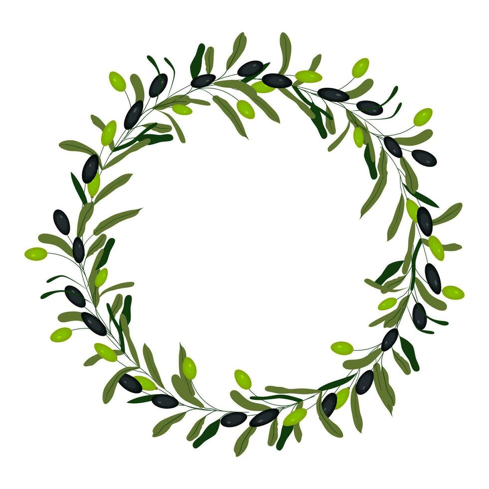 Green and black vector olive wreath isolated on white background. Olives are oil sign, healthy products, organic cosmetics, eco food, natural element.