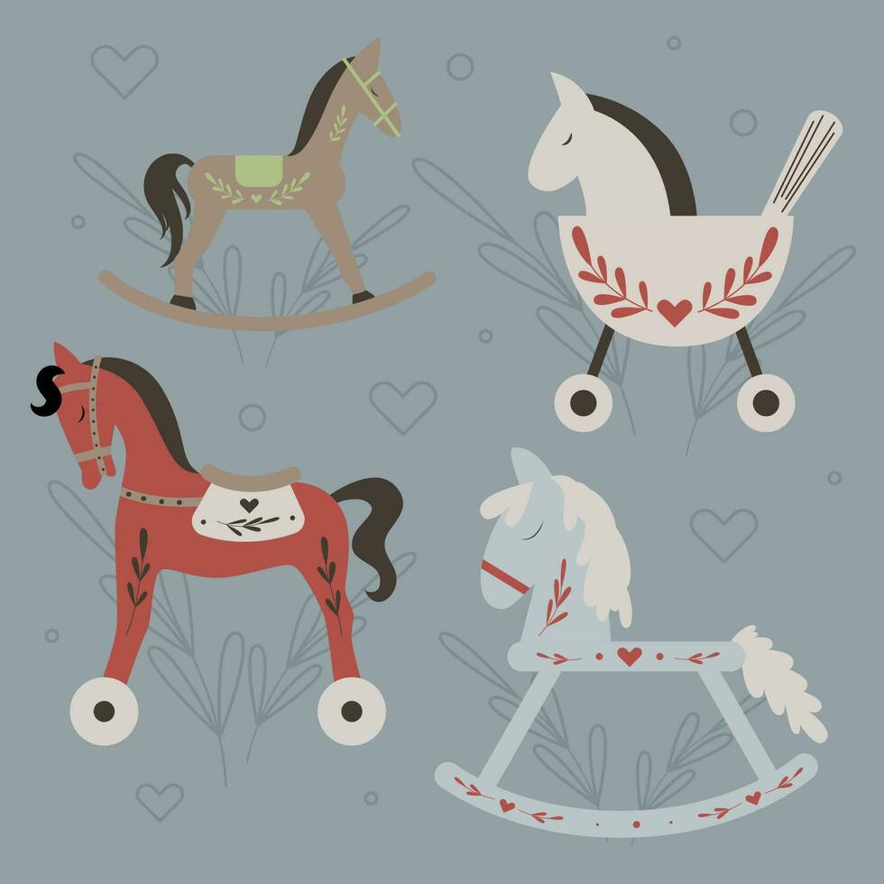 Vector retro rocking kids toys horses with branches and heart decoration isolated on grey background.