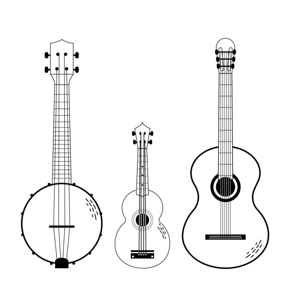 Vector set of musical strings instruments drawn in cartoon graphic flat style. Isolated on white background - guitar, banjo, ukulele.