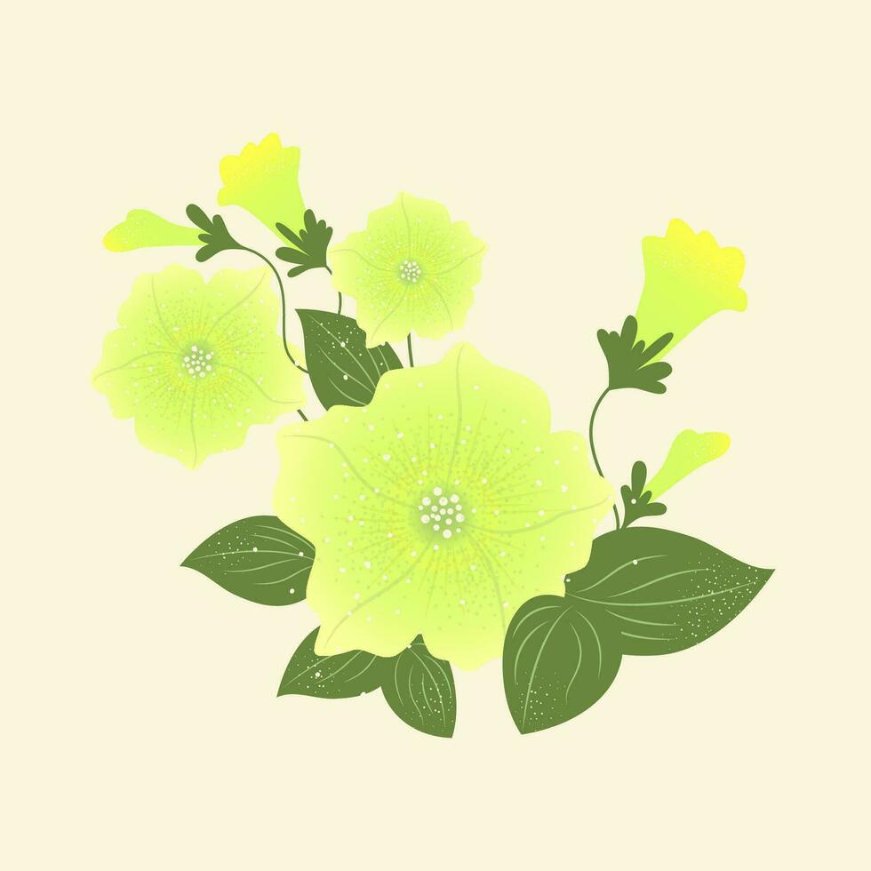 Vector yellow petunia flower with leaves and buds illustration.