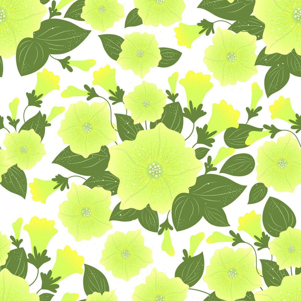 Seamless yellow petunia floral vector pattern. Surface design with small plants as flowers, leaves, buds, isolated on a white background.