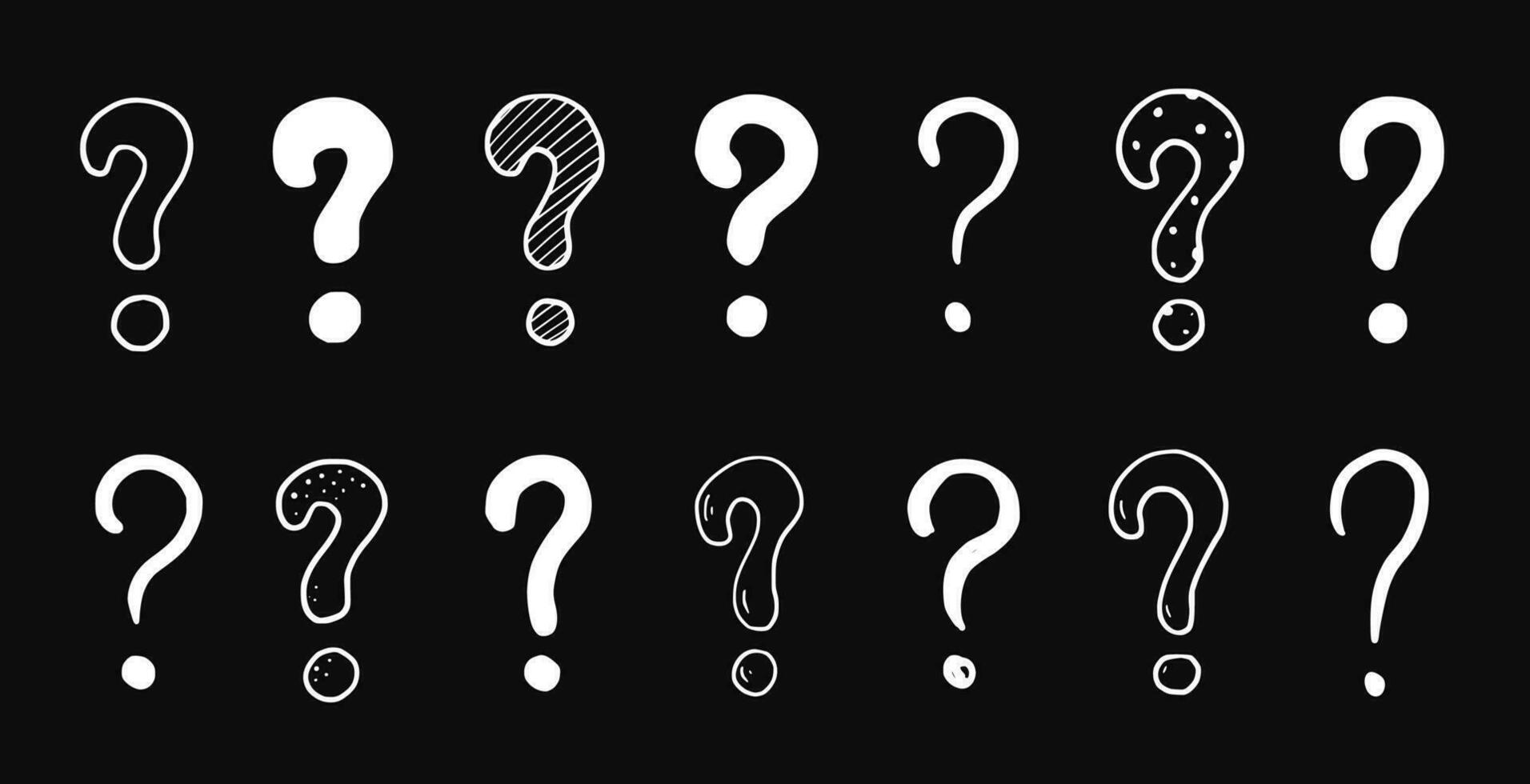 Doodle question sign mark set. Hand drawn chalkboard sketch style ask sign, question mark. Isolated vector