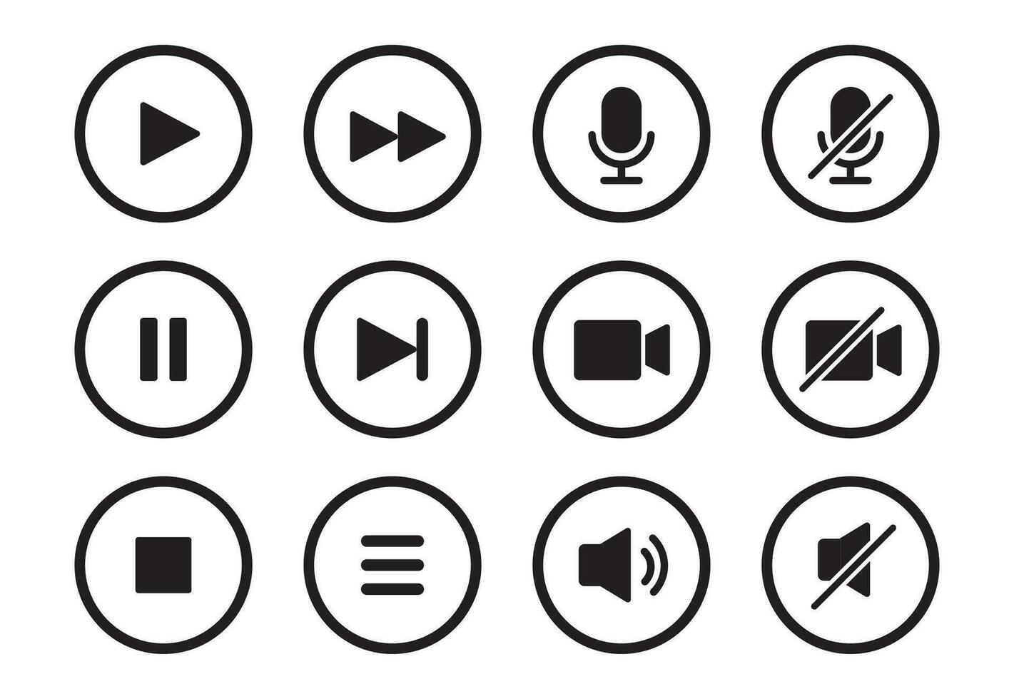 audio, video, música jugador botón icono. sonido control, jugar, pausa botón sólido icono colocar. cámara, medios de comunicación control, micrófono interfaz pictograma. vector