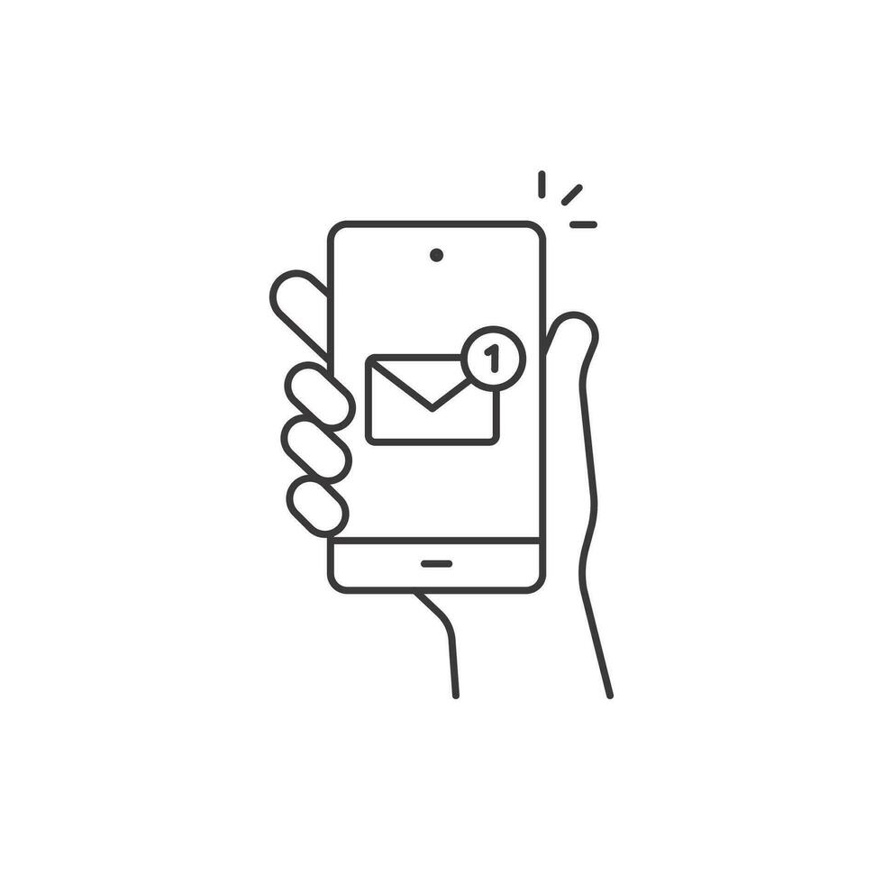 Hand hold smartphone, email send, new message notification line icon. Phone message outline icon. Isolated vector