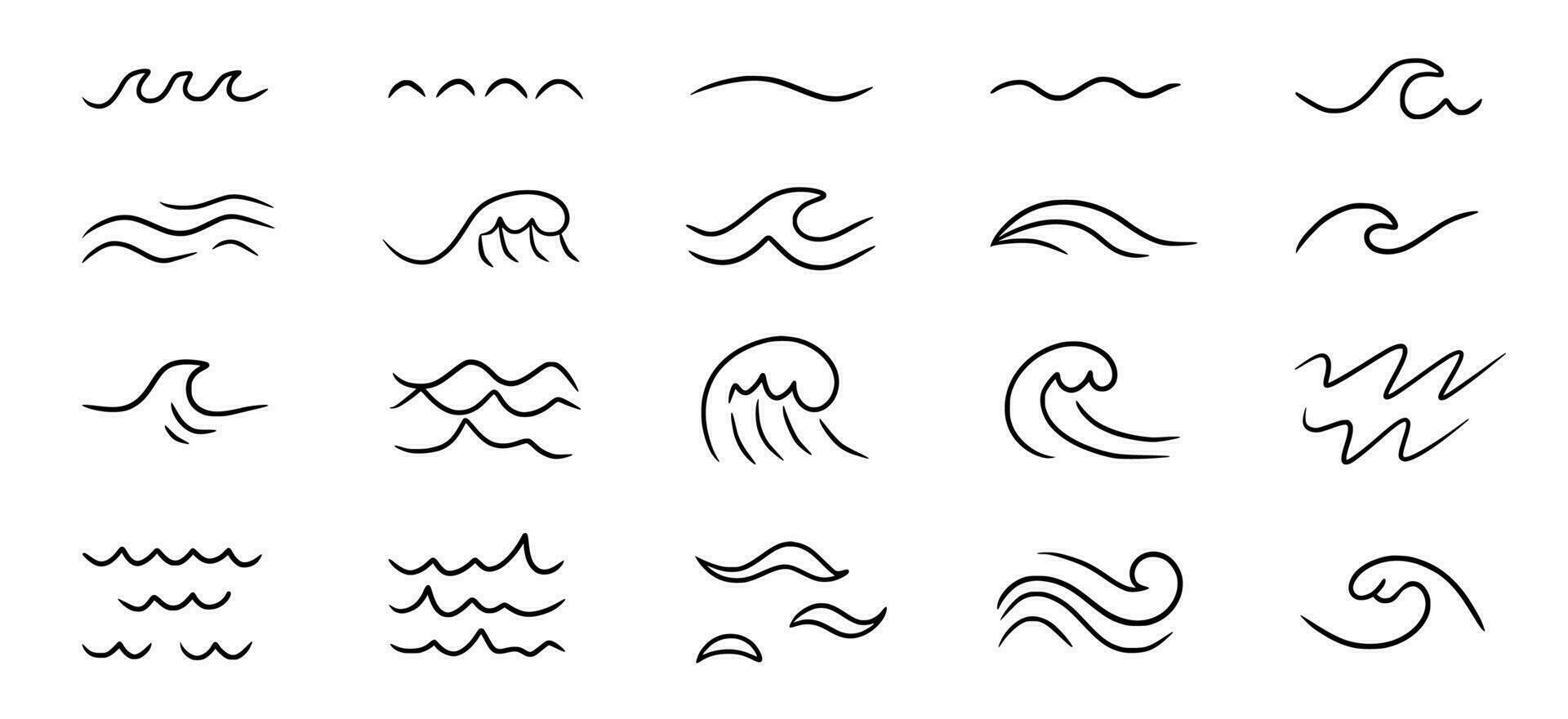 Wave sea line doodle icon set. Hand drawn sketch water wave outline. Simple curve, scribble aqua flow. Isolated vector