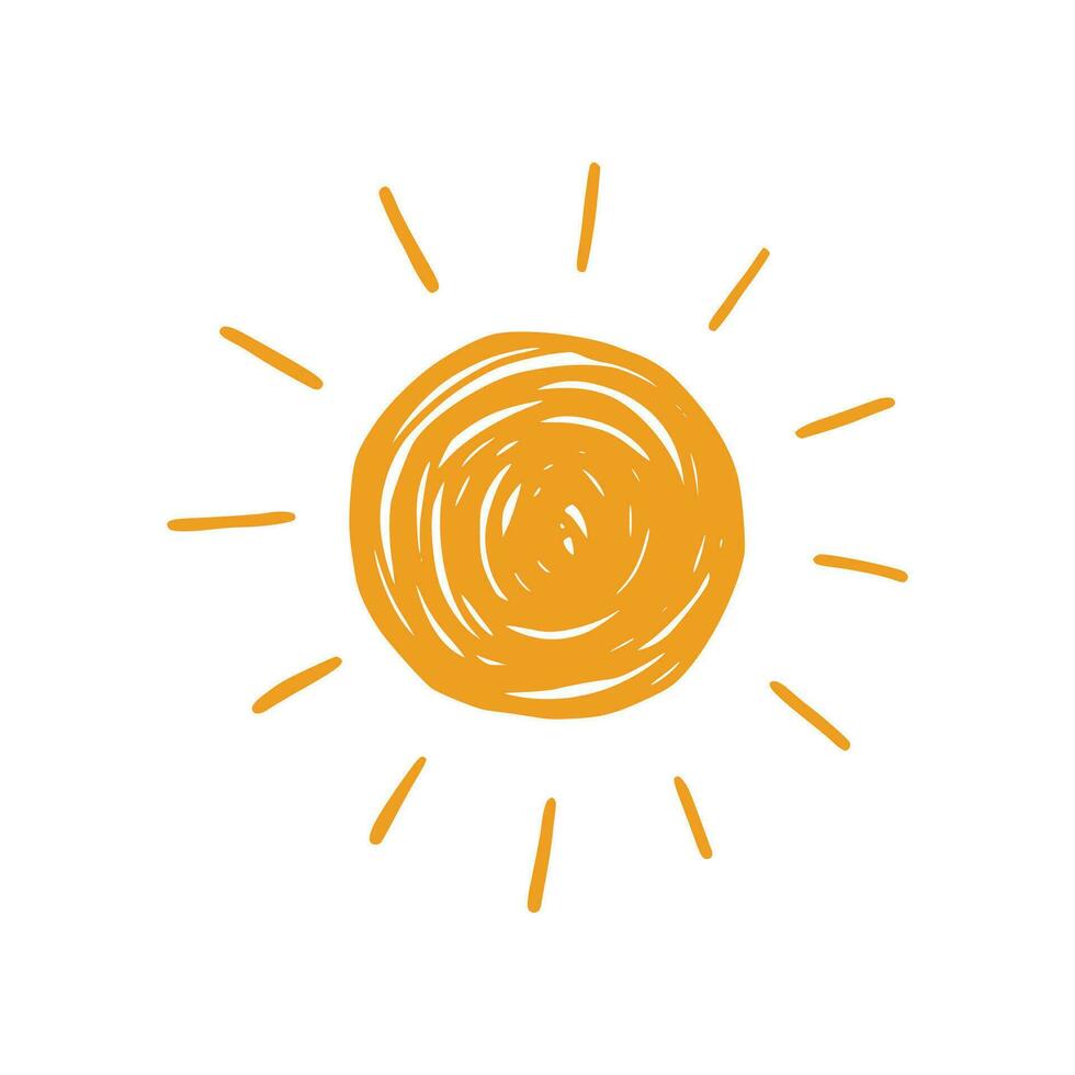 Doodle sun sketch illustration. Hand drawn cute orange sunshine. Scribble doodle children drawn style. Vector